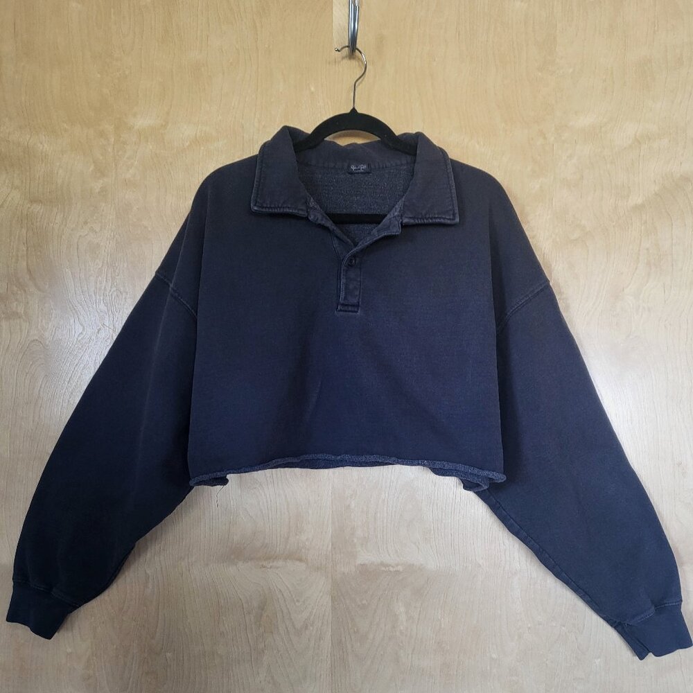 John Galt Cropped Fleece Polo Shirt Distressed Dark Wash One Size